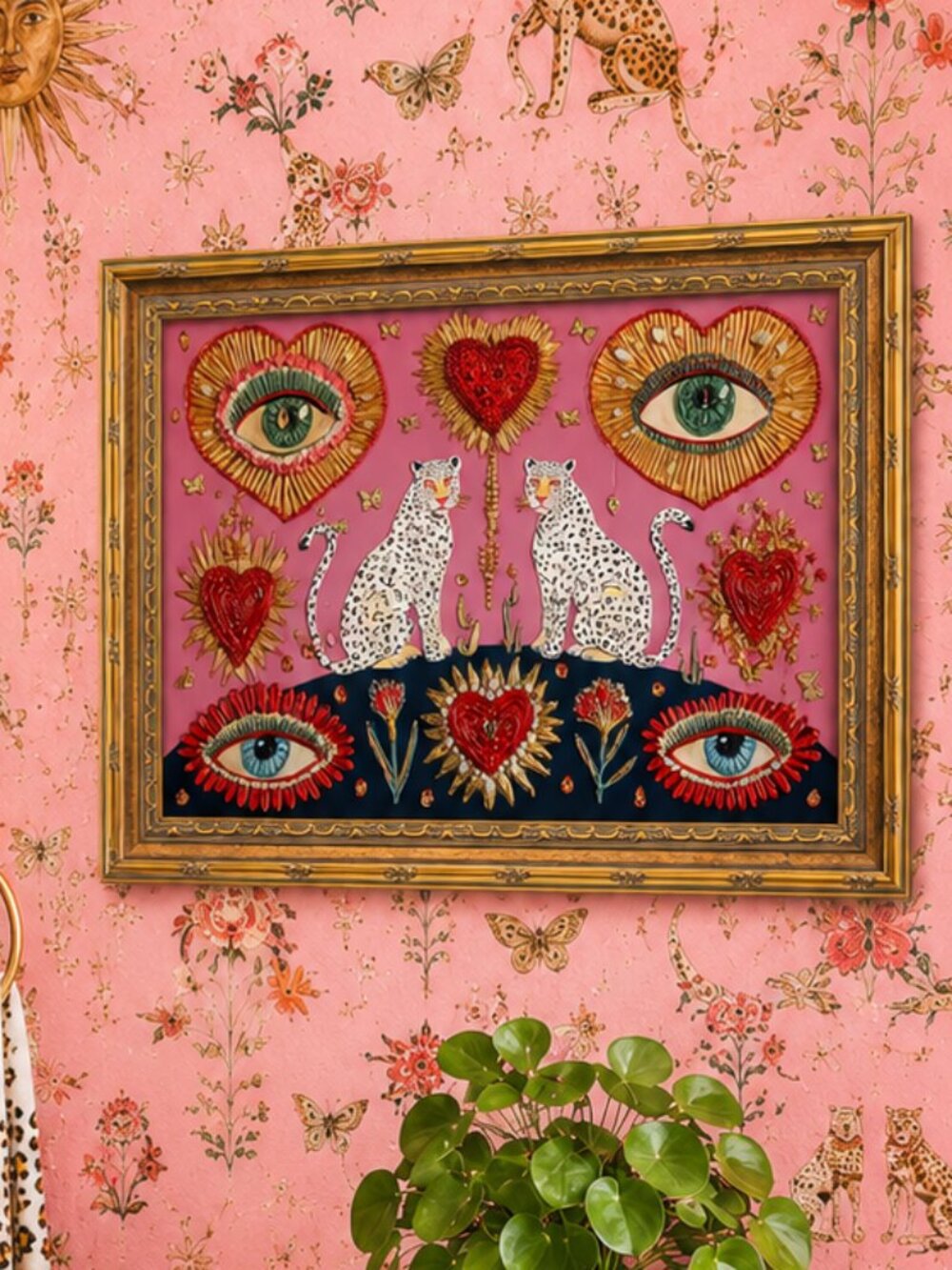 Vintage Gold Framed Gothic Leopard Wall Art Boho Witchy Evil Eye Pink Art Print